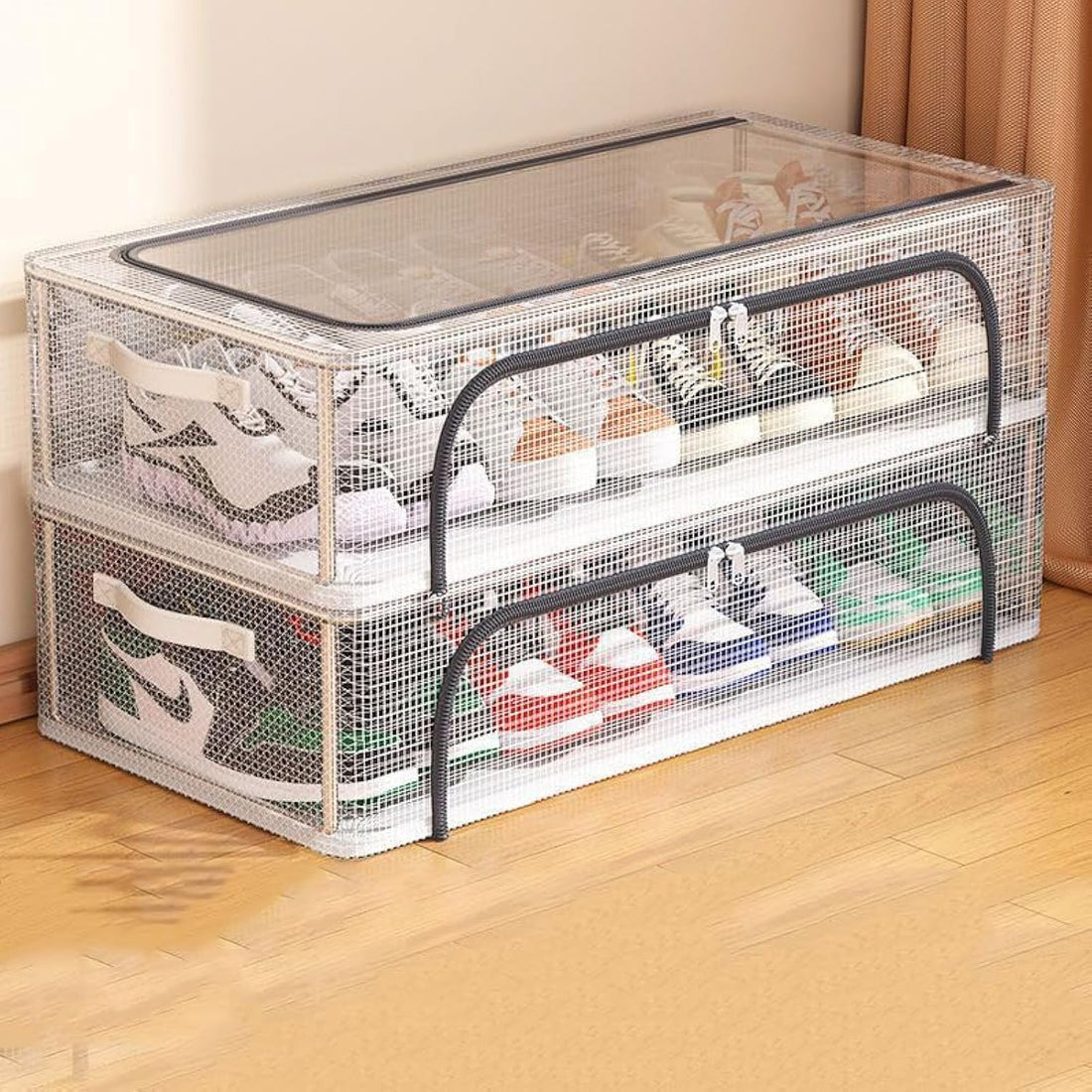 Clear Stackable Shoe Organizer, 60x30x21cm, Foldable Shoe Rack for Closet, Under Bed Shoe Storage Organizer (2 Packs)