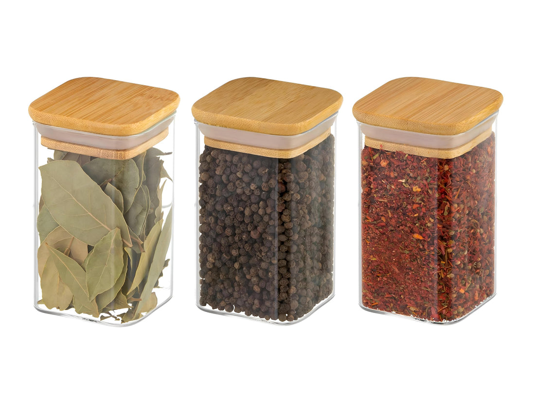 Glass Jars - Airtight Bamboo Lid for Kitchen Storage, Perfect for Spices, Tea, Sugar, Cereal, Cake, Candies (200ml) (Square Shape, 3 Pieces))
