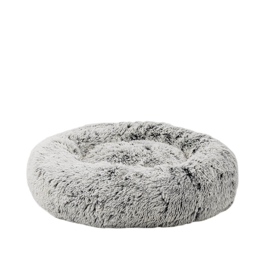 HUGO & HUDSON Calming Dog Bed, Plush Faux Fur Donut Shaped Machine Washable Pet Bed for Small, Medium & Large Dogs - Silver with Black - 60cm Diameter