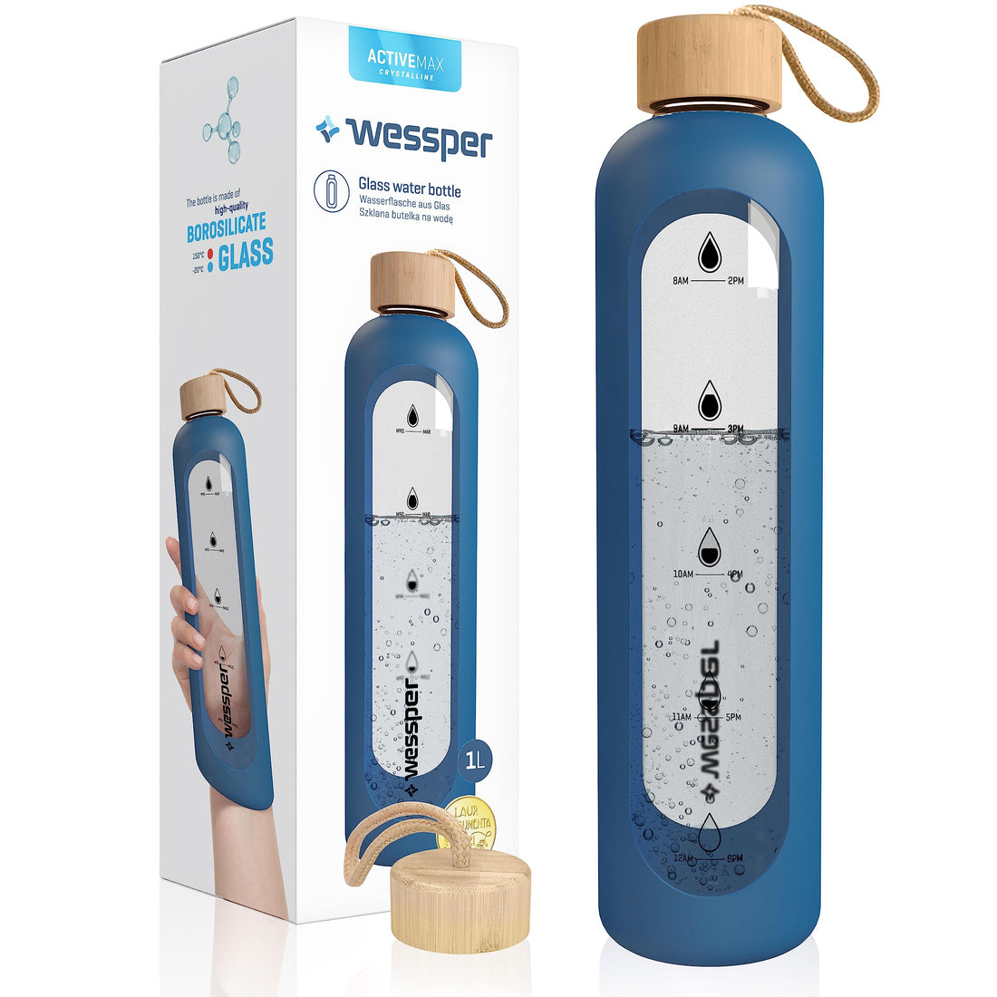 Wessper Glass Water Bottle with Silicone Cover, Water Bottle with Time Markers, Transparent Water Bottle Made of Borosilicate Glass, Monitor Your Daily Water Absorption, 1 Litre - Blue