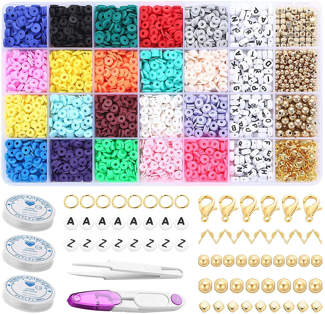 KASTWAVE 4000 Pcs Clay Beads, 6mm Flat Round Polymer Clay Spacer Beads with Charms and String, DIY Jewelry Marking Kit for Jewelry Making Preppy, DIY Bracelet Making Kit