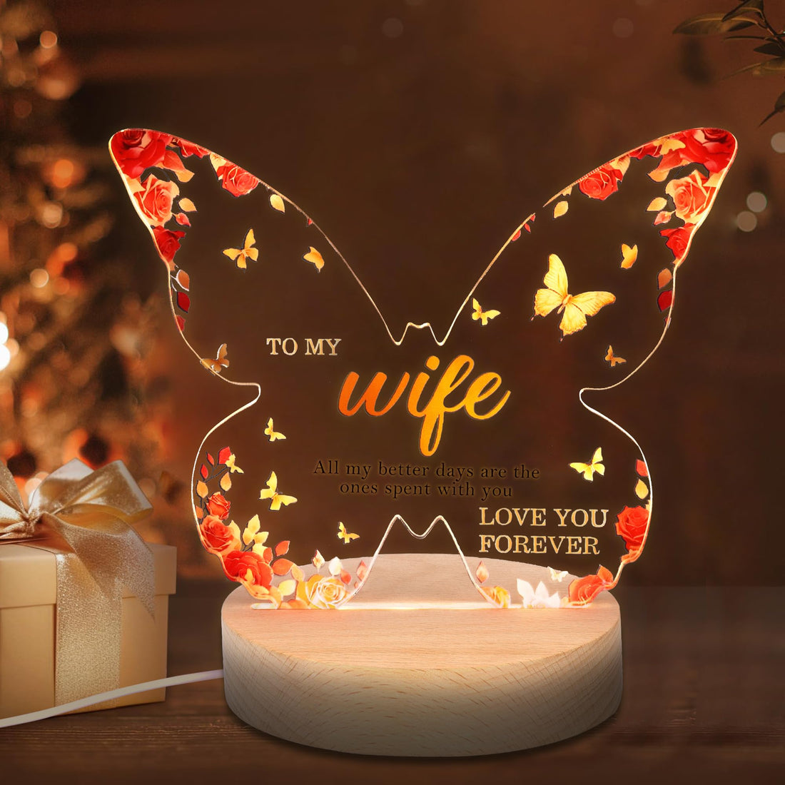 Butterfly Wife Gifts I Love You Night Light 3 Colour, 17cm to My Wife 3D Lamp Couple Acrylic Night Light Best Mothers Day Gifts for Wife Romantic Valentines Birthday Wedding Decor