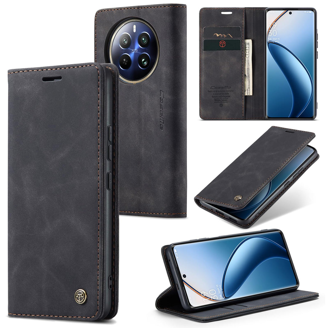 Phone Case Luxury PU Leather Design 2 Flip Cover Card Slot Holder Cover Compatible with Realme 12 Pro/Realme 12 Pro Plus/Realme P1 Pro (Black)