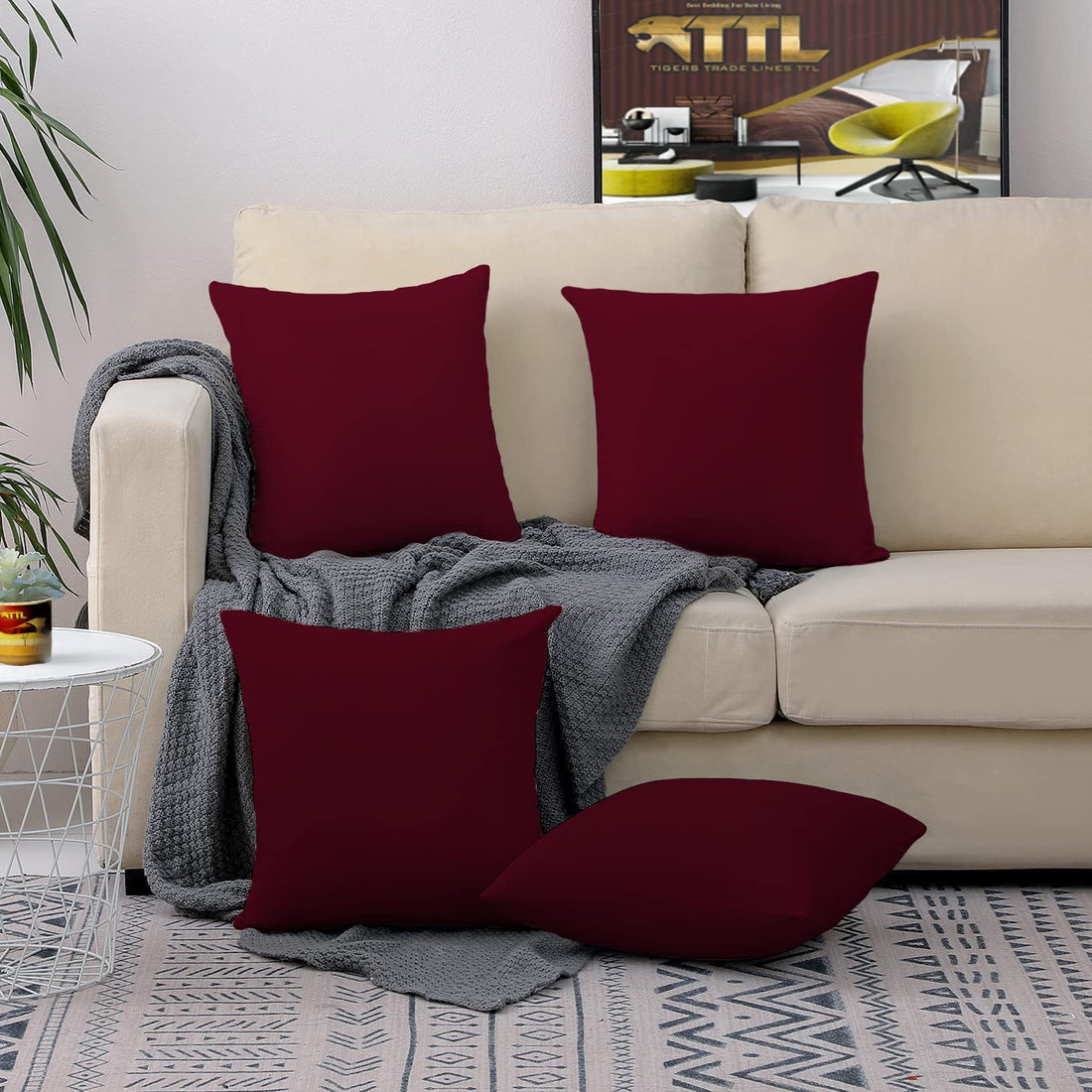 Tigers Trade Lines 4 Piece Color Cushion Cover Set of Decorative Cushion Cover Without Insert Inside (48cmx45cm,Wine)