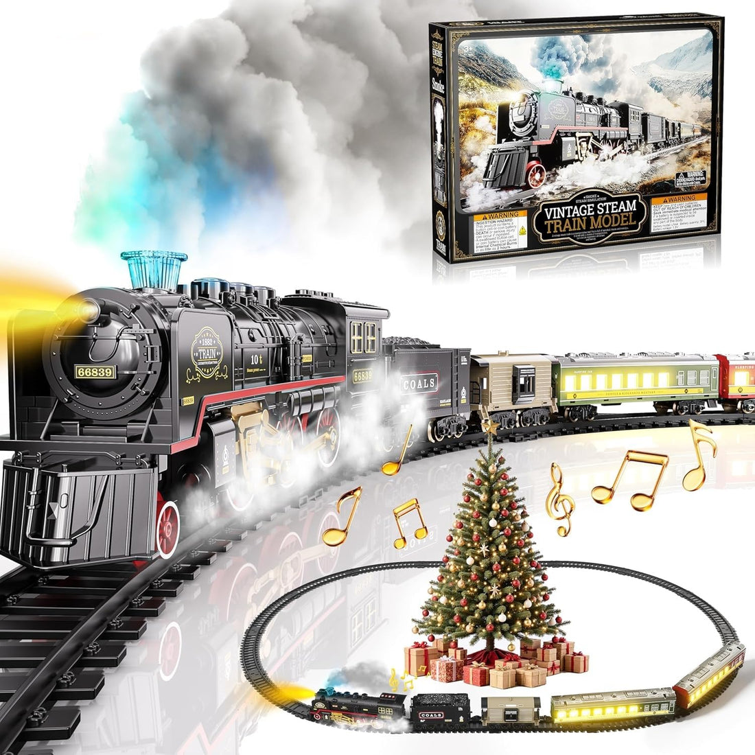 TOYS LAND Electric Train Toy Set for Kids, Steam Smoke with Sound & Light, Glowing Passenger Carriages, Vintage Locomotive Model with Tracks, Birthday Gifts for Toddler Boys Girls Aged 3-12