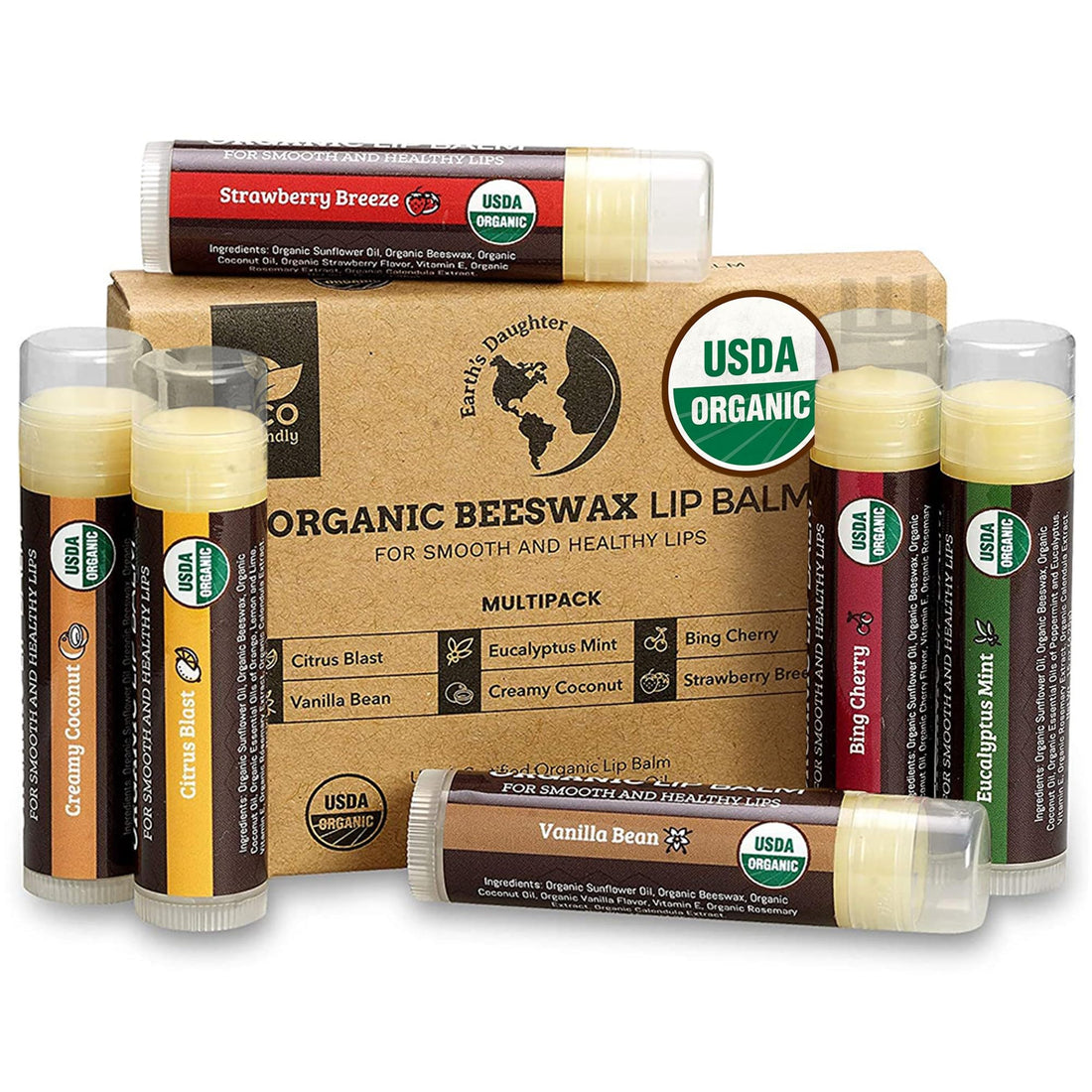 USDA Organic Lip Balm 6-Pack by Earth's Daughter - Fruit Flavors, Beeswax, Coconut Oil, Vitamin E - Best Lip Repair Chapstick for Dry Cracked Lips - Moisturizing Lip Care