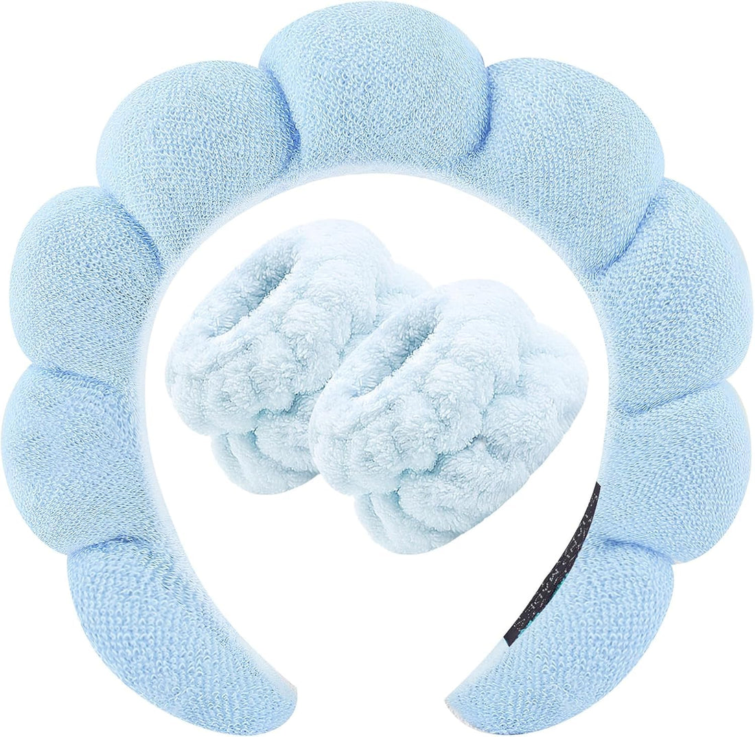 Spa Headband for Washing Face Wristband Sponge Makeup Skincare Headband Terry Cloth Bubble Soft Get Ready Hairband for Women Girl Puffy Padded Headwear Non Slip Thick Hair Accessory (Blue, Standard)