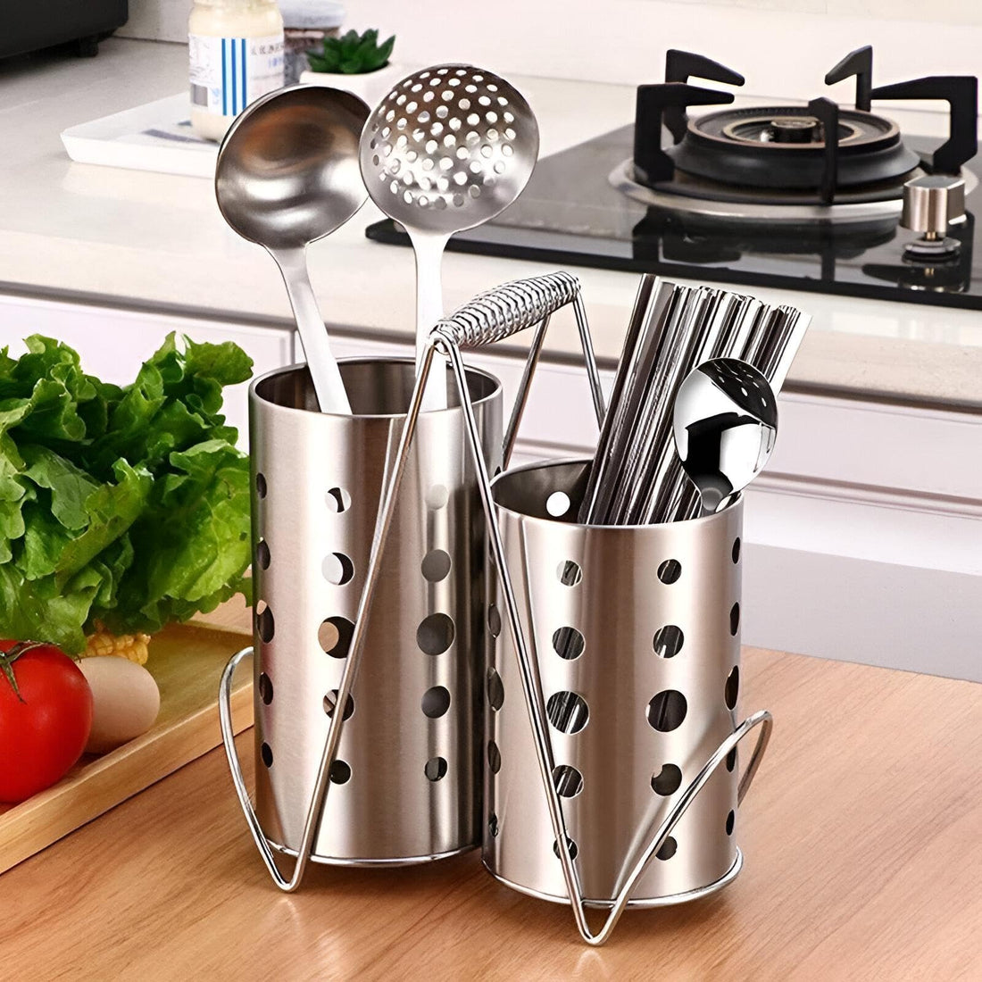 Utensil Holder Set - Stainless steel kitchen cutlery organiser with 2 perforated containers and sturdy stands, perfect for storing forks, spoons, knives, and chopsticks in an orderly manner