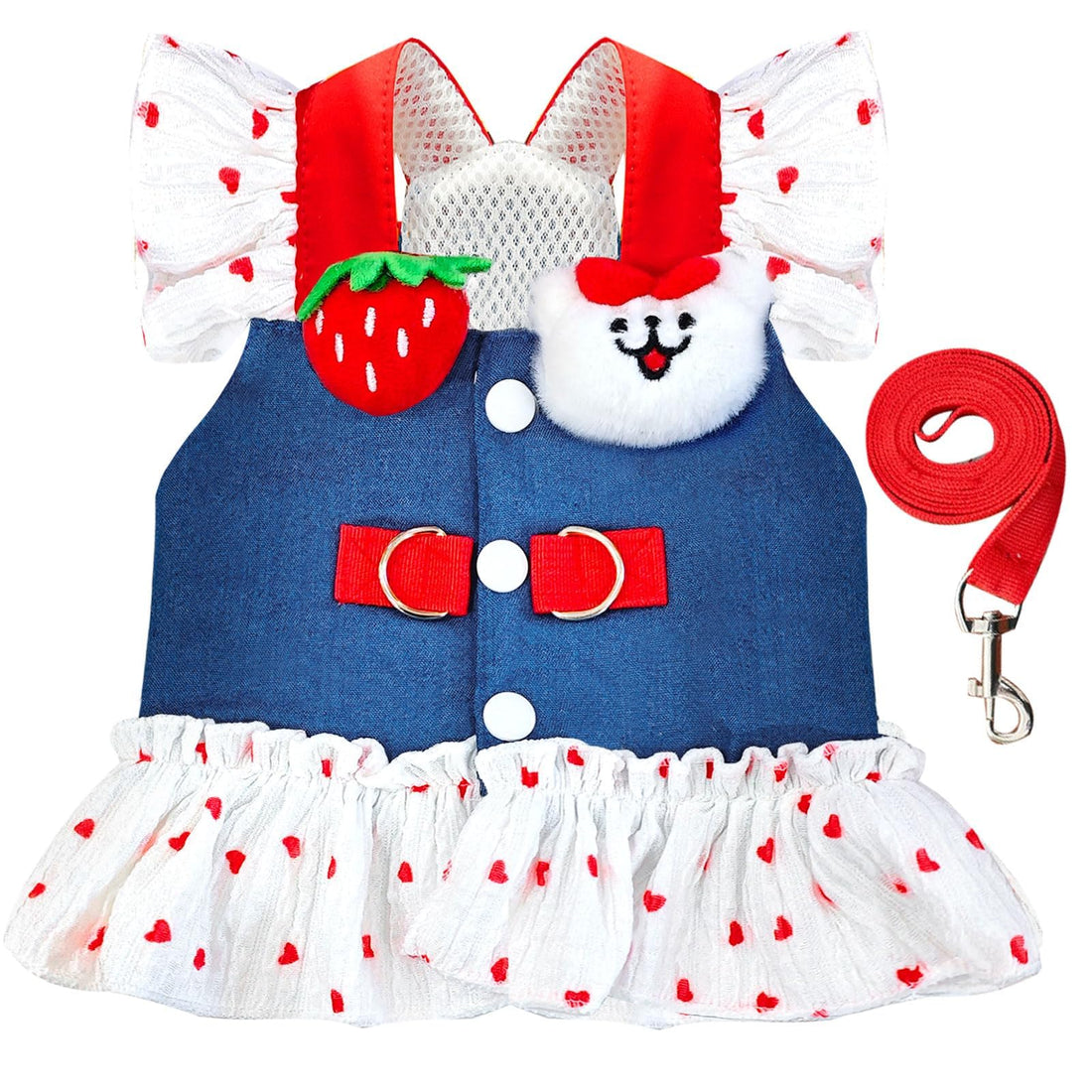 Small Dog Harness and Leash Set Denim Cat Harness Dress. (Dark Blue, S)