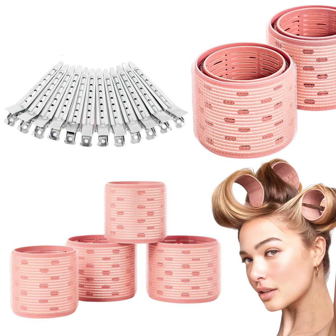 Elaur 24 Pcs Thermal Hair Rollers & Clips, Self Holding Hair Curlers with Clips, Jumbo, Large, small Rollers for Hair Set, Self Grip Thermal Hair Roller for Long Medium Short Hair (PinkPie)