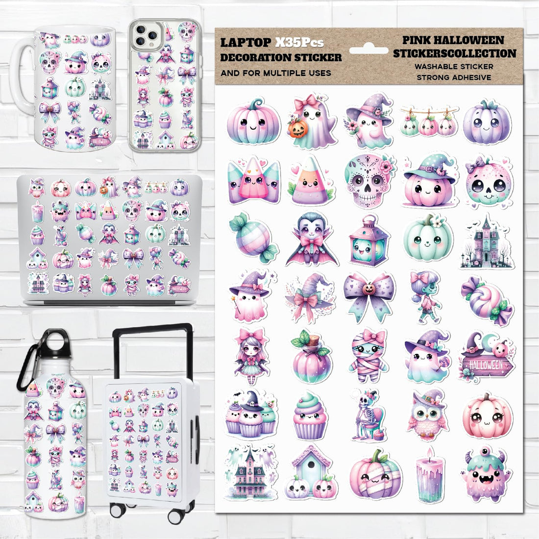 Pink Halloween Stickers – Spooky Holiday Sublimation Stickers with Pumpkins, Ghosts, Bats & Halloween Vibe for Journals, Scrapbooking, Laptops, Planners, Crafts, Aesthetic & Home Decor