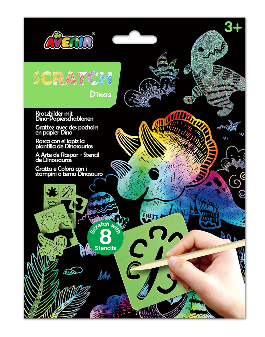 Scratch Book with Stencils - Dinosaur Theme, A Combination of Scratch Art and Stencils for Children Ages 3+, Arts and Crafts for Children, Green
