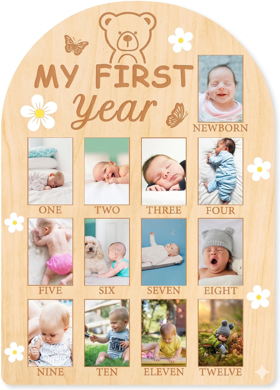 My First Year Baby Growth Photo Display Wood Board - 12 Months Newborn Milestones Photo Board - Neutral Baby Keepsake Board 1st Birthday Party Nursery Decor New Mom Gift - Bear