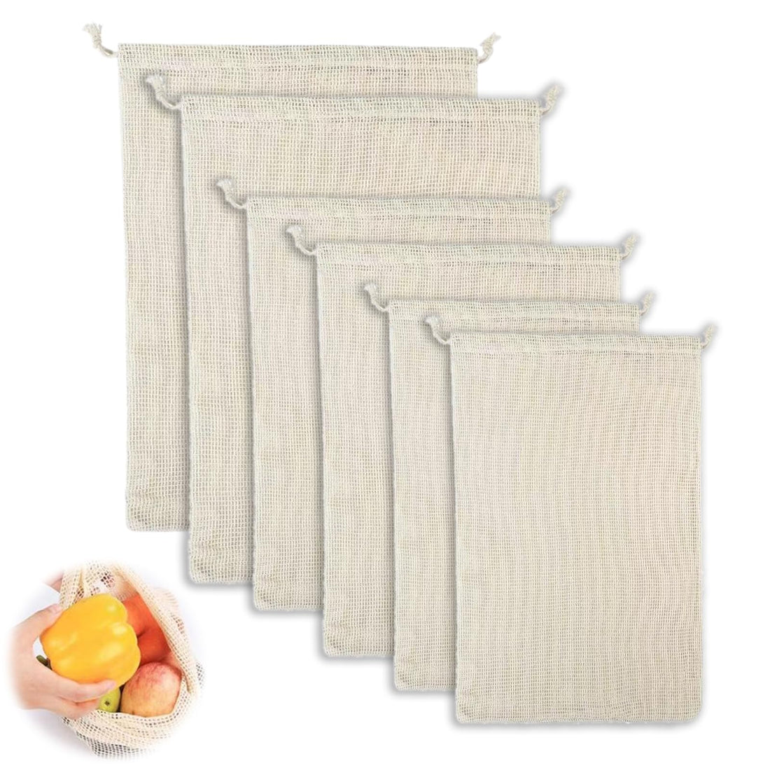 nalaina 6 Reusable Produce Bags, Organic Cotton Mesh Washable, Double Stitched with Tare Weight, Ideal for Grocery Shopping, Vegetables Fruits (2L, 2M, 2S)