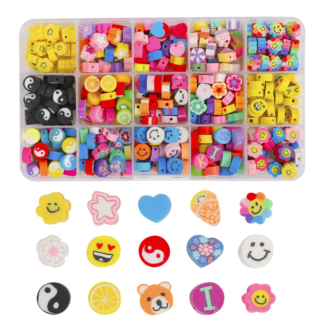 300Pcs Flower Smiley Handmade Polymer Clay Beads 15 Styles Letter Animal Fruit Theme Loose Spacer Flat Beads Soft Beads for Jewelry Making DIY Bracelet Necklace Hair Clip (box 5x3)