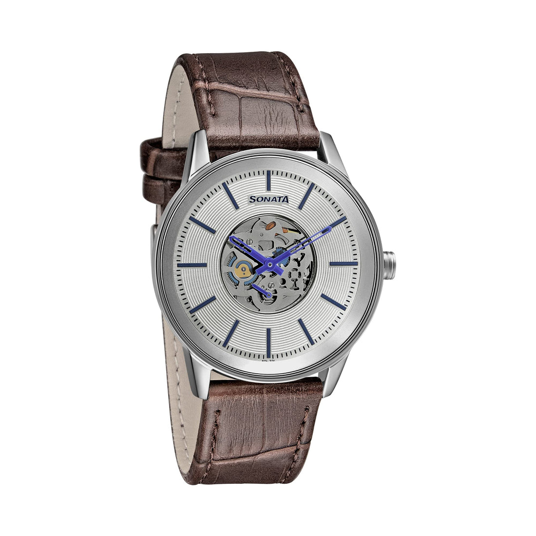 Sonata Watch for Men, Quartz Movement, Analog Display, Brown Leather Band Strap-7133SL01