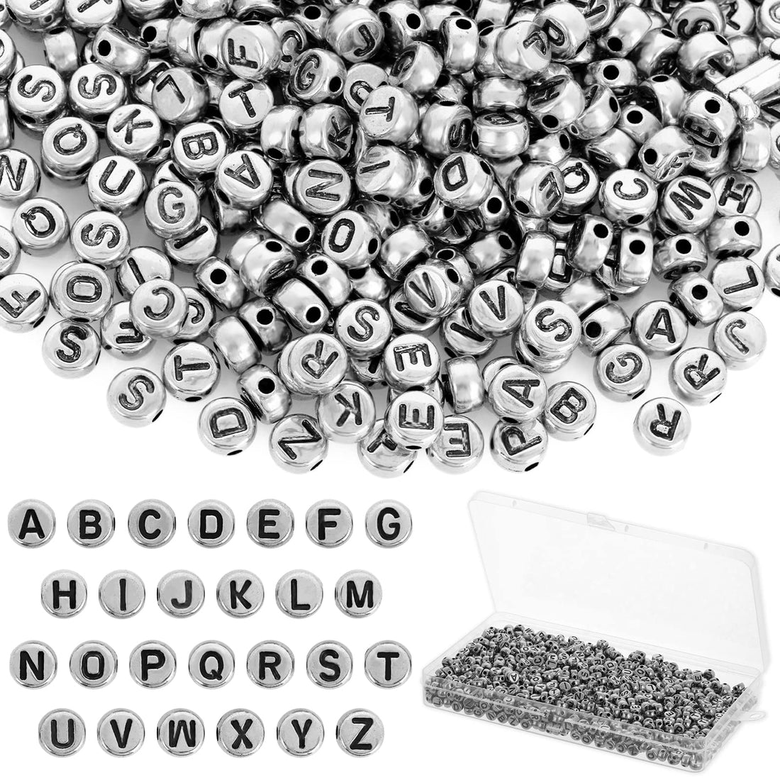 Abeillo 1000 Pcs Silver Letter Beads-Metallic Shiny Round Letter Beads for Bracelets, Alphabet Beads A-Z Sorted 4x7mm Letter Beads Bulk for Jewelry Bracelet Making with Box