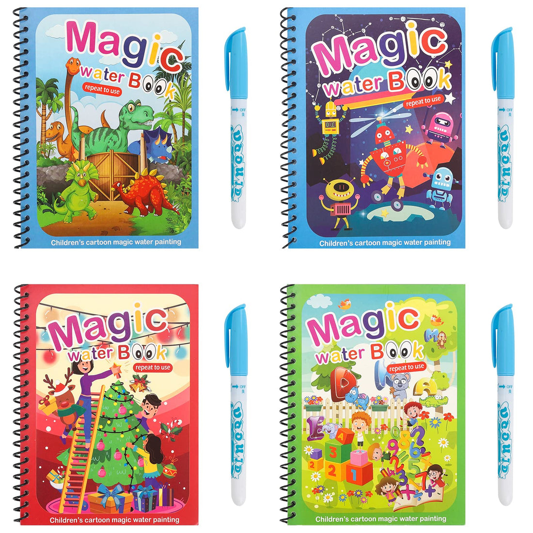 Magical Water Coloring Book,4Pcs Kids Magic Painting Books with Water Reusable Drawing Book for Toddler Cartoon Magic Coloring Book for Children Gifts,Doodle Game (Dinasours, Robots, Letter, Xmas)