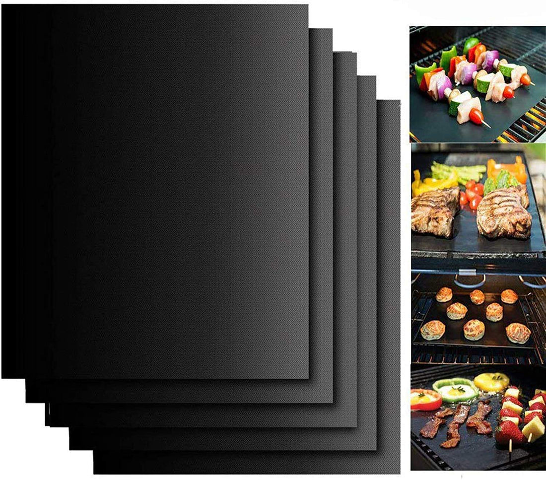 Dlife BBQ Grill Mat Set of 5 - Non Stick Oven Liner Teflon Cooking Mats for Baking on Gas, Charcoal, Oven and Electric Grills - Reusable, Heat Resistant Barbecue Sheets for Grilling Meat, Veggies