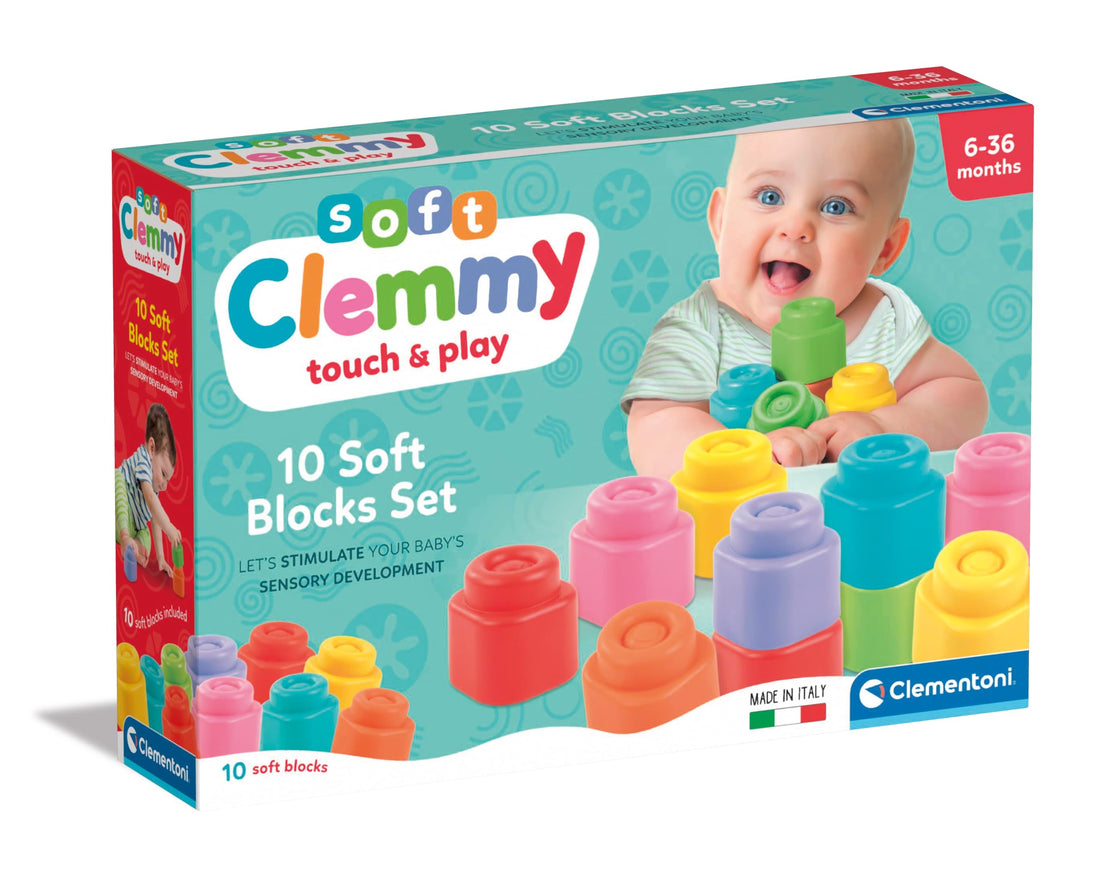 Clementoni - Clemmy Soft Building Blocks, Set of 10 Rubber Building Blocks for Toddlers for Children 6 Months, Sensory Play, Stackable and Washable, Made in Italy, 17988