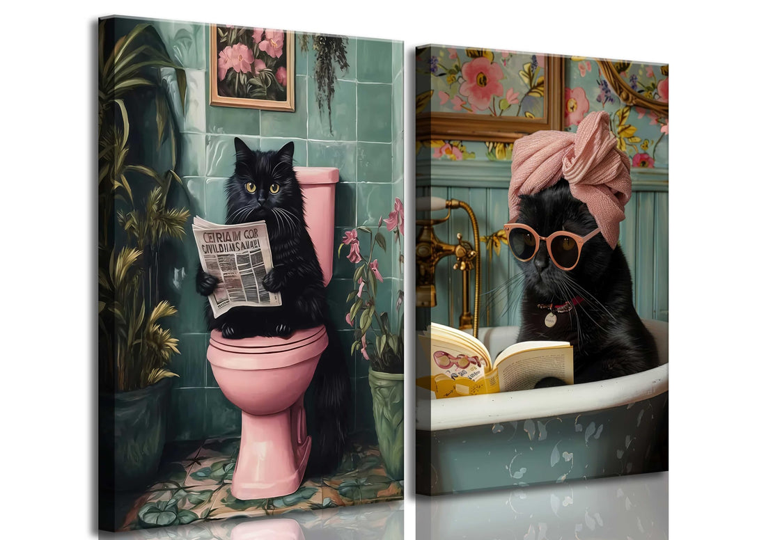 2 Pcs Funny Bathroom Cat Canvas Wall Art Black Cat Sitting on Toilet Reading Newspaper Bathe Paintings Pictures Wall Decor Poster Print Artwork for Toilet Washroom Home Decoration