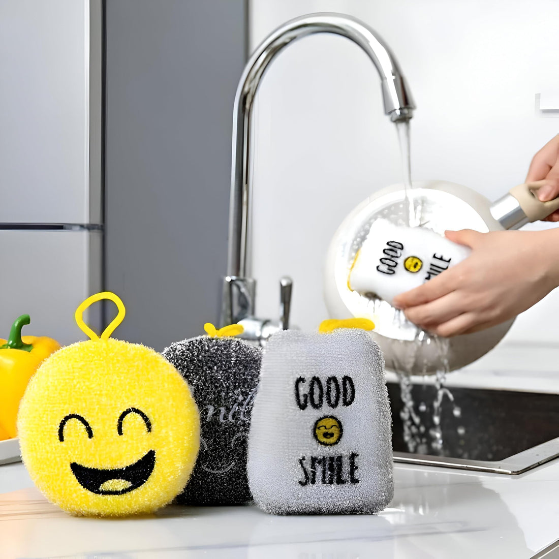 Dish Sponge - Reusable silicone scrub pad with cheerful smile design, thick yet flexible for glassware and plates, gentle touch with ultra efficiency, eco-friendly and durable kitchen companion