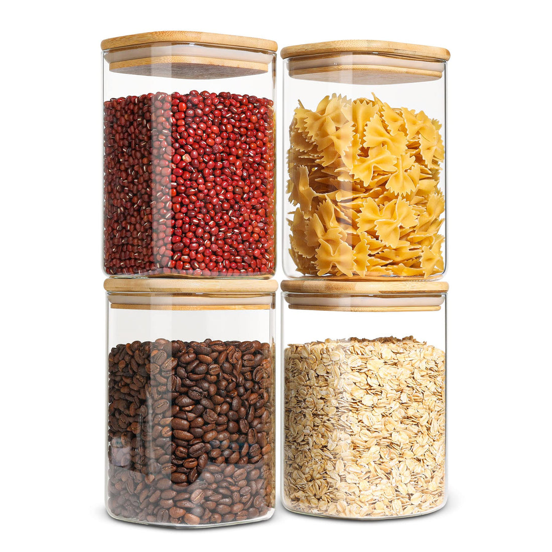 ComSaf Airtight Glass Storage Canister with Wood Lid (37oz), Clear Food Storage Container Jar with Sealing Bamboo Lid for Noodles Flour Cereal Rice Sugar Tea Coffee Beans, Square Set of 4