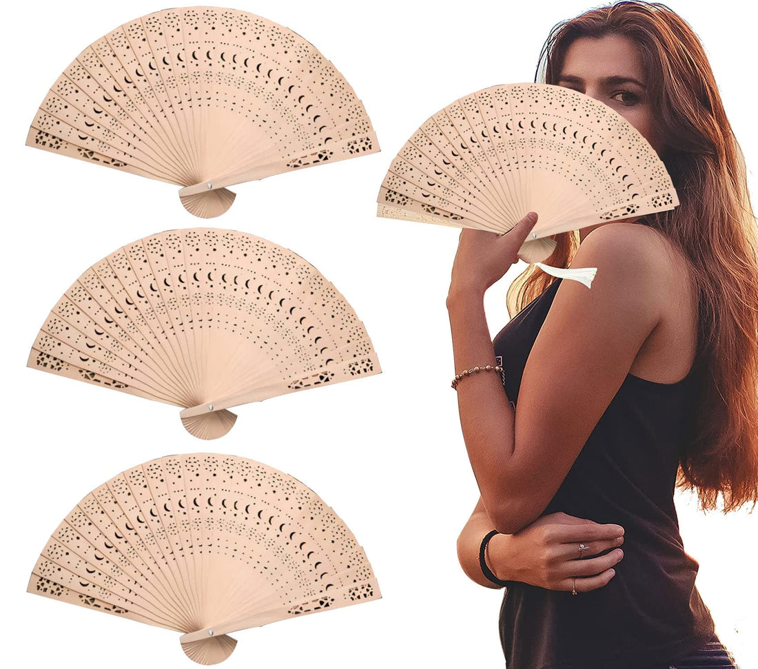 Wooden Folding Fan 3 Pack Star Moon Pattern Wooden Foldable Fan Handheld Folding Fans Sandalwood Hand Fan Wooden Hand Chinese Sandalwood Fan with Tassel for Women Wedding Souvenir Favors Baby Shower