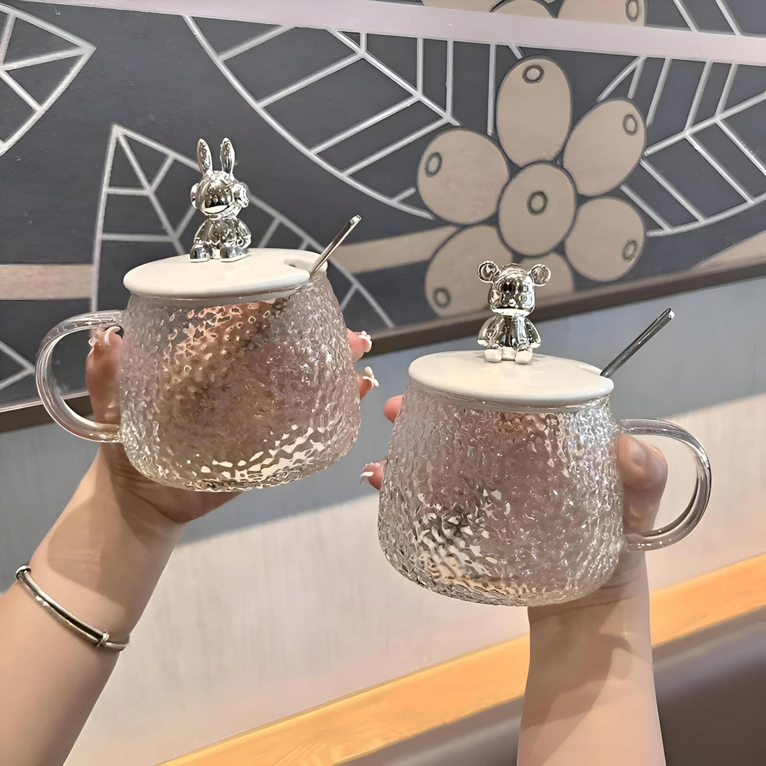 Bubbles Glass Tumbler with Lid and Spoon Cute Bear Shape 300ml Perfect for Milk, Juice, Chocolate, Iced Coffee, Now Having The Elegant Home (2)