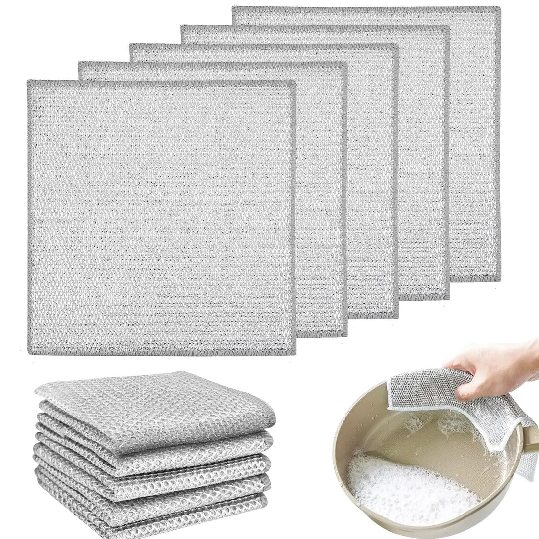 Fantasyon 5PCS Multipurpose Wire Dishwashing Rags for Wet and Dry, 20 * 20CM Double Layered Thickened Reusable Wire Cleaning Cloths Dish Cloths for Kitchen Cleaning