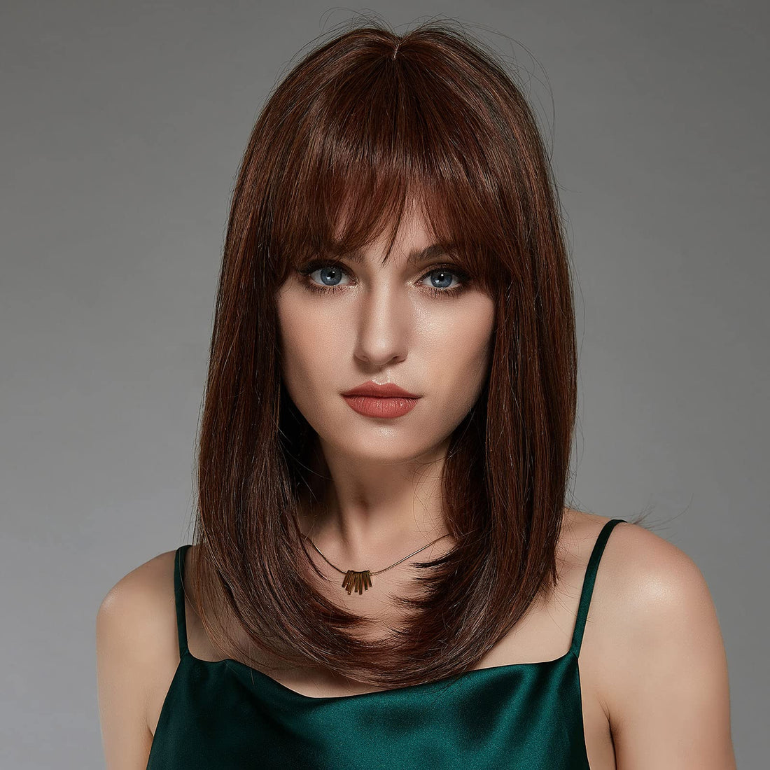 ECIF Brown Shoulder-Length Bob Wigs Auburn Highlight Medium Length 16 Inch Natural Looking Wigs For Women Soft Straight Wigs Human Hair Feeling