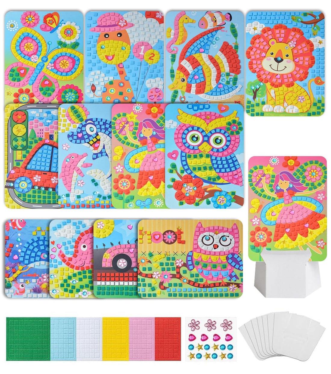 Pack of 12 Mosaic Craft Set for Children, Adhesive Pictures Crafts Spring DIY Mosaics Stickers, Sticky Mosaics, Art Children's Birthday, Party Activity Gifts for Girls Boys from 3 4 5 6 7 8 Years