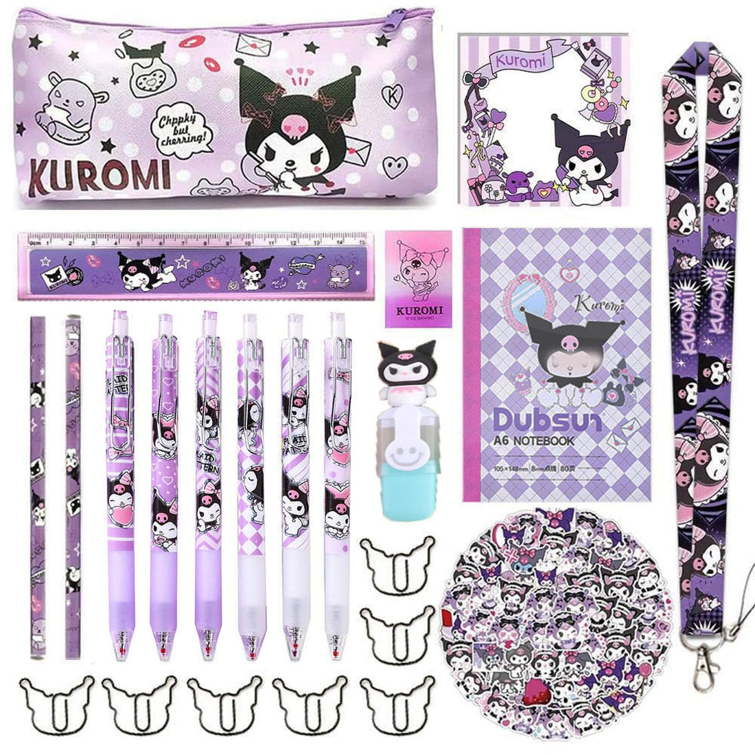 Cute School Supplies Anime Gift Set, Including Notebook Pencil Case Rollerball Pens Stickers Lanyard Ruler Paper Clips Pencils Eraser Sticky Note Fluorescent Pen