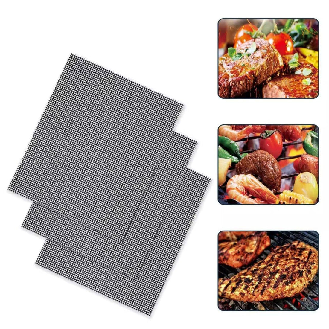 3 Pack Non-Stick Grill Mats, Cuttable Griddle, Dishwasher Safe, for Grilling Meat, Vegetables, Seafood, Black