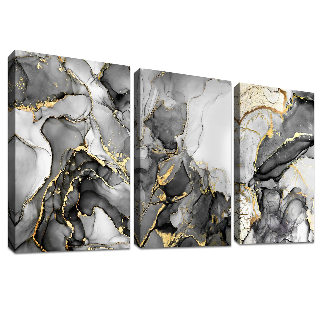 3 Panels Wooden Framed Gray White Gold Marble Canvas Wall Art Painting on Canvas Prints Pictures for Living Room Bedroom Bathroom Hallway Stairs Wall Decor Ready To Hang 90x40cm(12"x16"x3pcs)