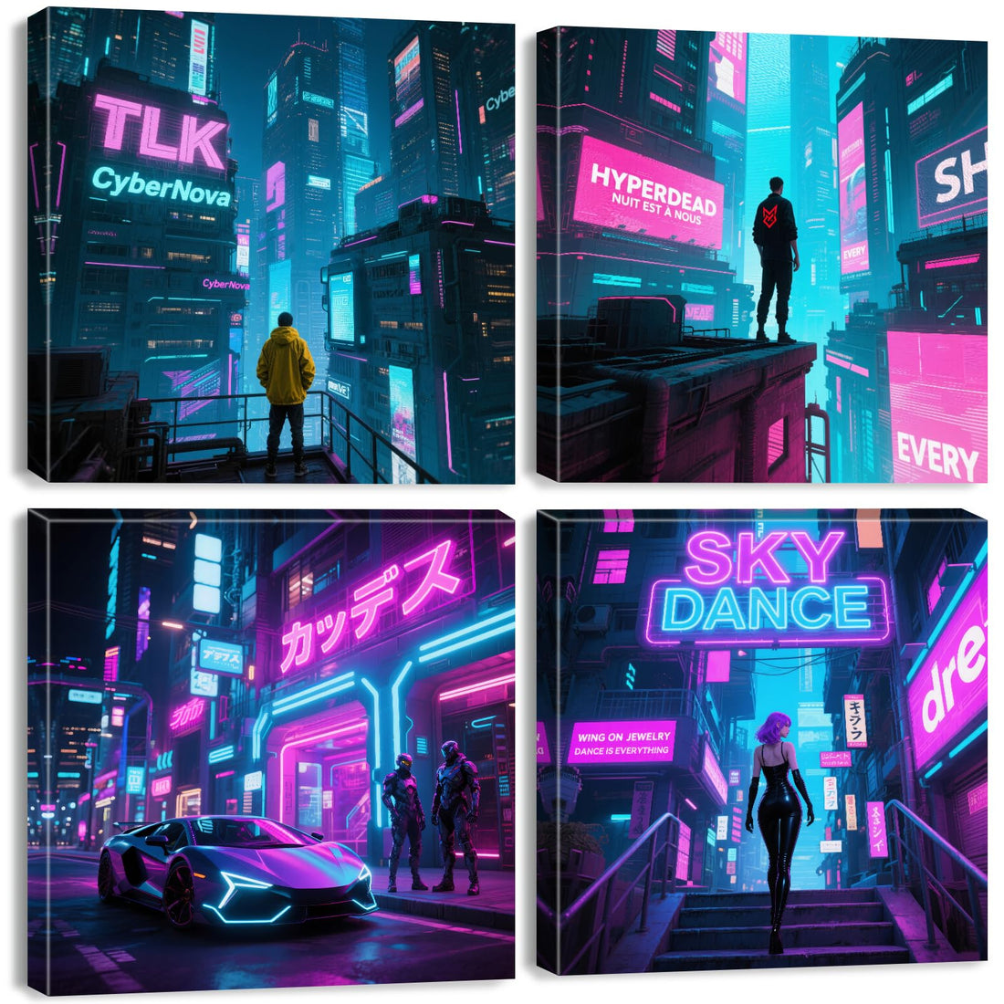 Anime Wall Art Cyberpunk Decor Japanese Tokyo Neon Night City Pictures Canvas Prints Gaming Room Decor Abstract Modern City View Posters Painting Teens Boys Bedroom Artwork Home Decoration 12x12" 4Pcs