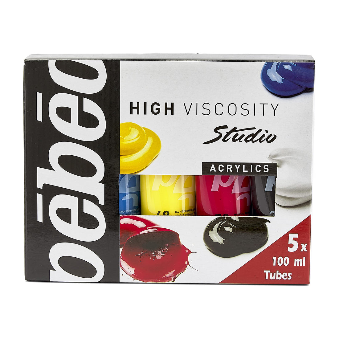 Pebeo Studio Acrylics High Viscosity, 28 Piece Set, Set of 5 x 100 ml-Primary Colors, 17 Fl Oz
