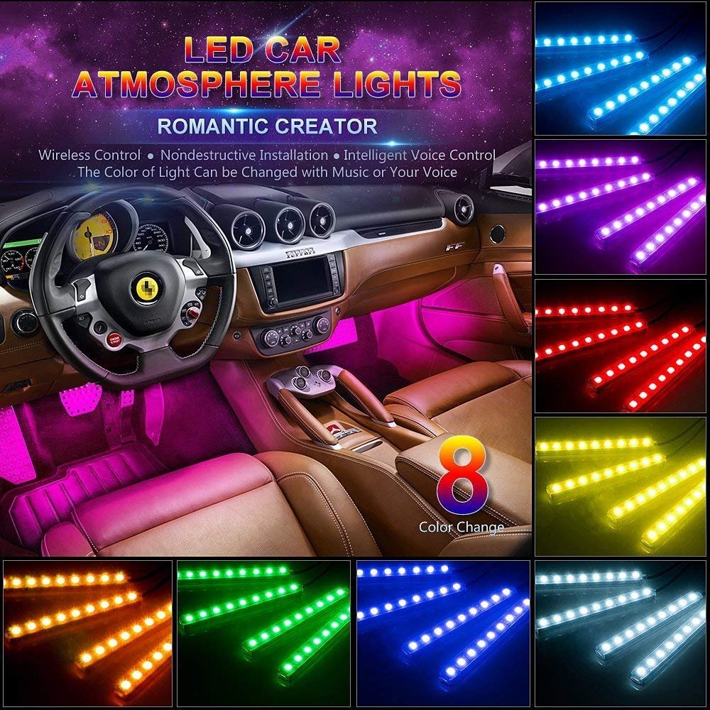 Car LED Strip Light, 4pcs 48 LED Multicolor Car Interior Lights Under Dash Lighting Waterproof Kit with Sound Active Function and Wireless Remote Control, connects to car 12 volt socket