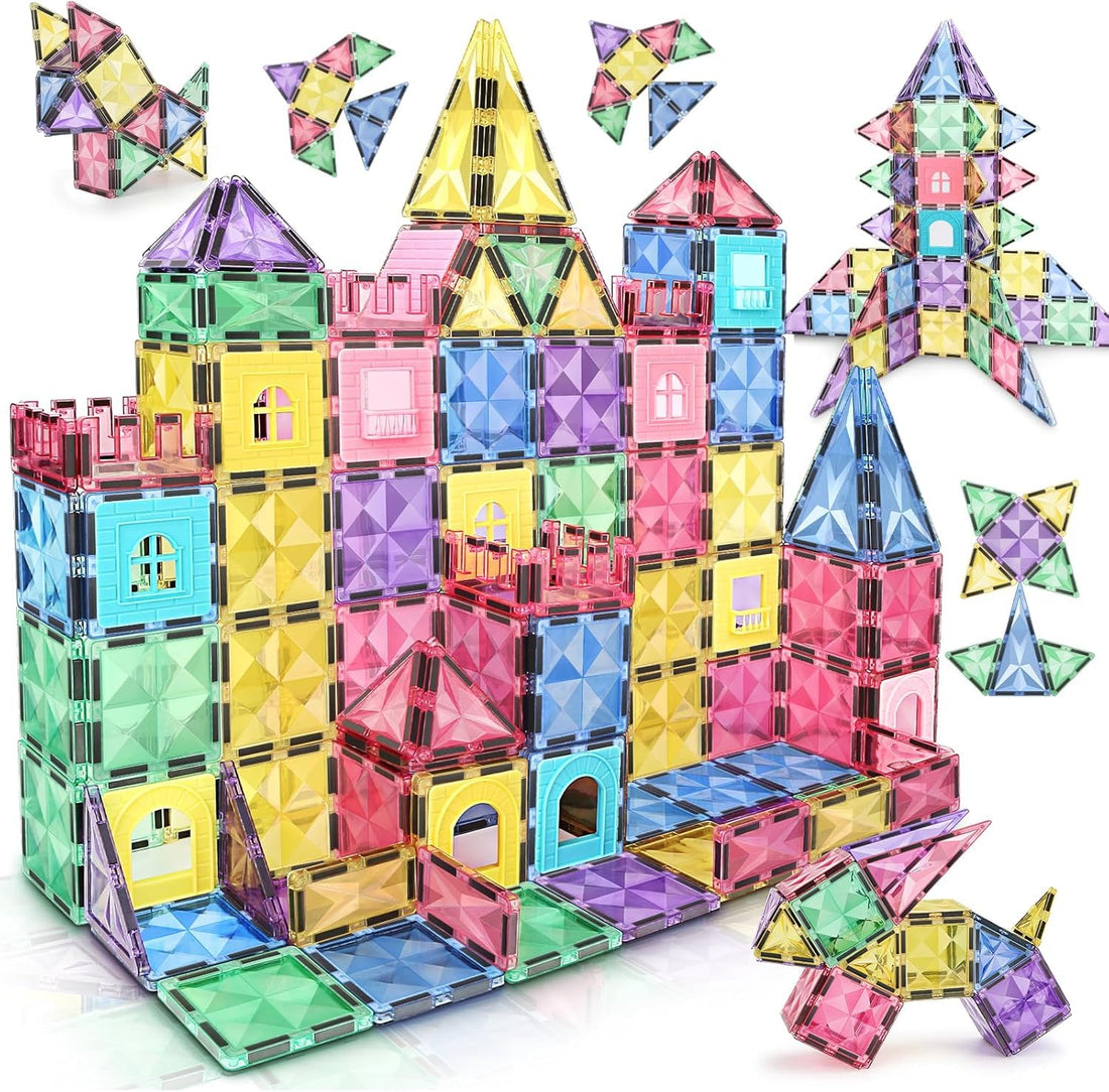 Kidzone Magnetic Building Blocks Castle Square Building Blocks STEM Stacking Building Toys for Boys Girls Preschool (97 Pieces)
