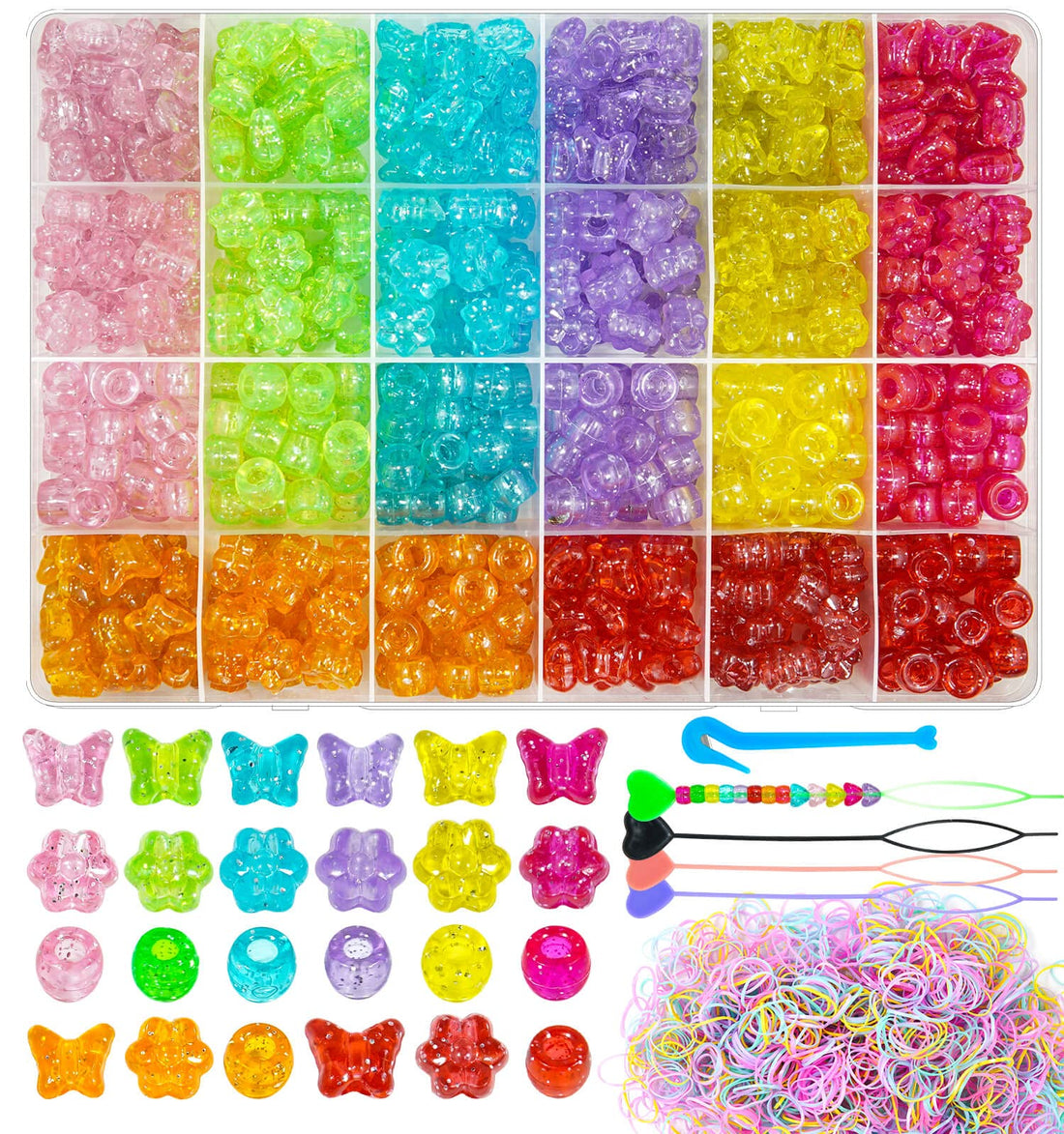 1520 Pcs Pony Beads Butterfly Flower Hair Bead for Girl Braid, Acrylic Glitter Sparkle Large Hole Pony Beads with Elastic Rubber Band Threaders Kit for Hair Bracelets Jewelry Making