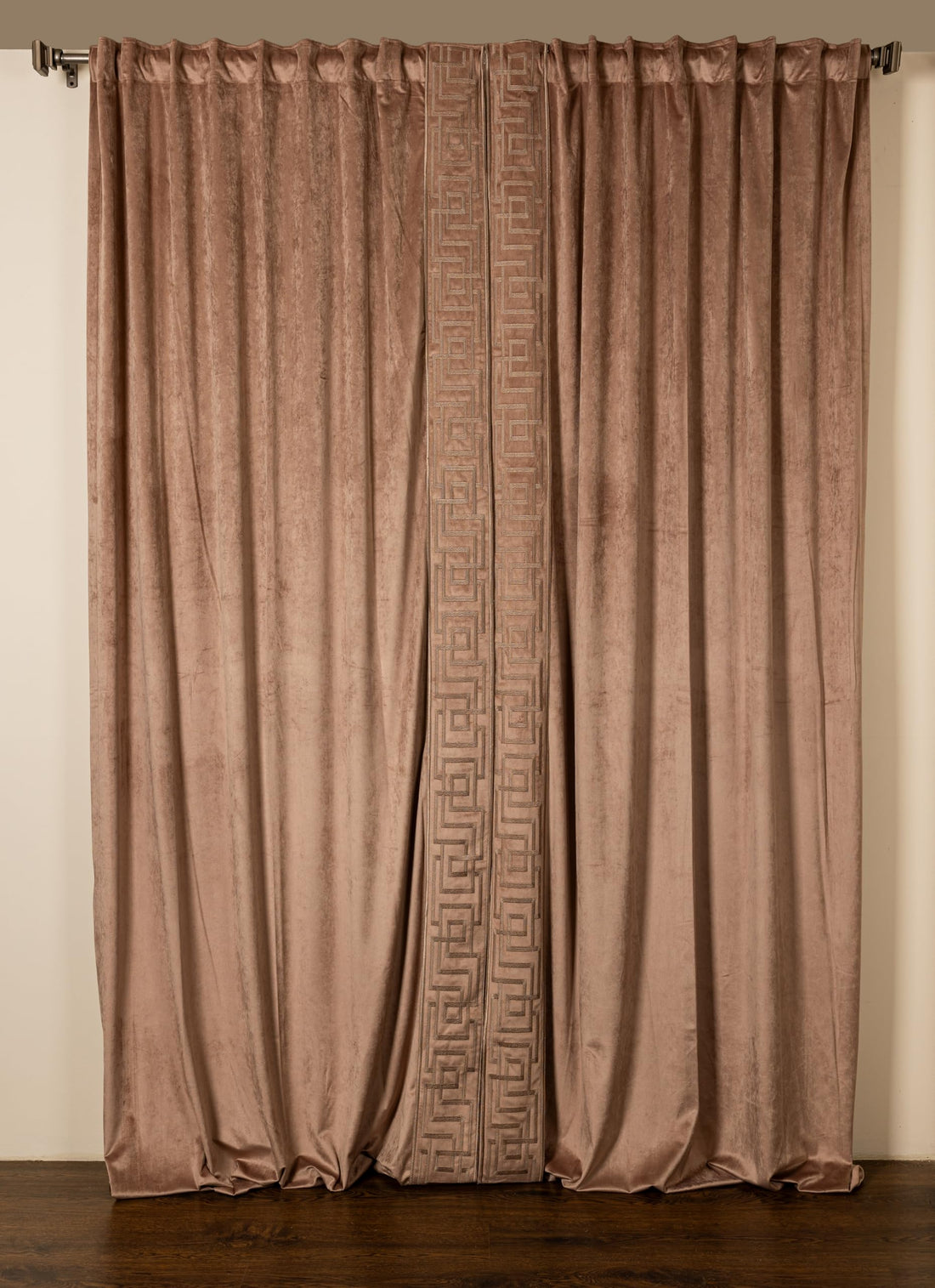 Curtains & Rods Athena Luxurious Velvet Curtains - Plush Velour with Elegant Greek Key Pattern, Multi-Way Hanging Options - 1 Panel (140cm W x 280cm L, Reddish Café)