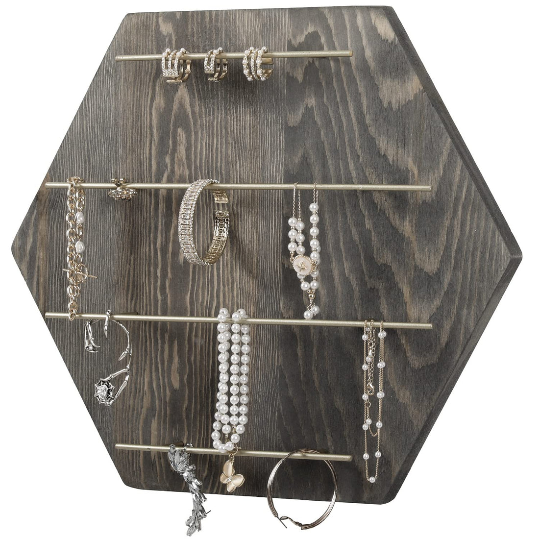 MyGift 4 Tier Wall Mounted Jewelry Organizer, Vintage Weathered Gray Solid Wood Hexagonal Board with Brass Tone Metal 11 and 6.5 Inch Hanging Rods Display Necklaces Bracelets Hair Accessories