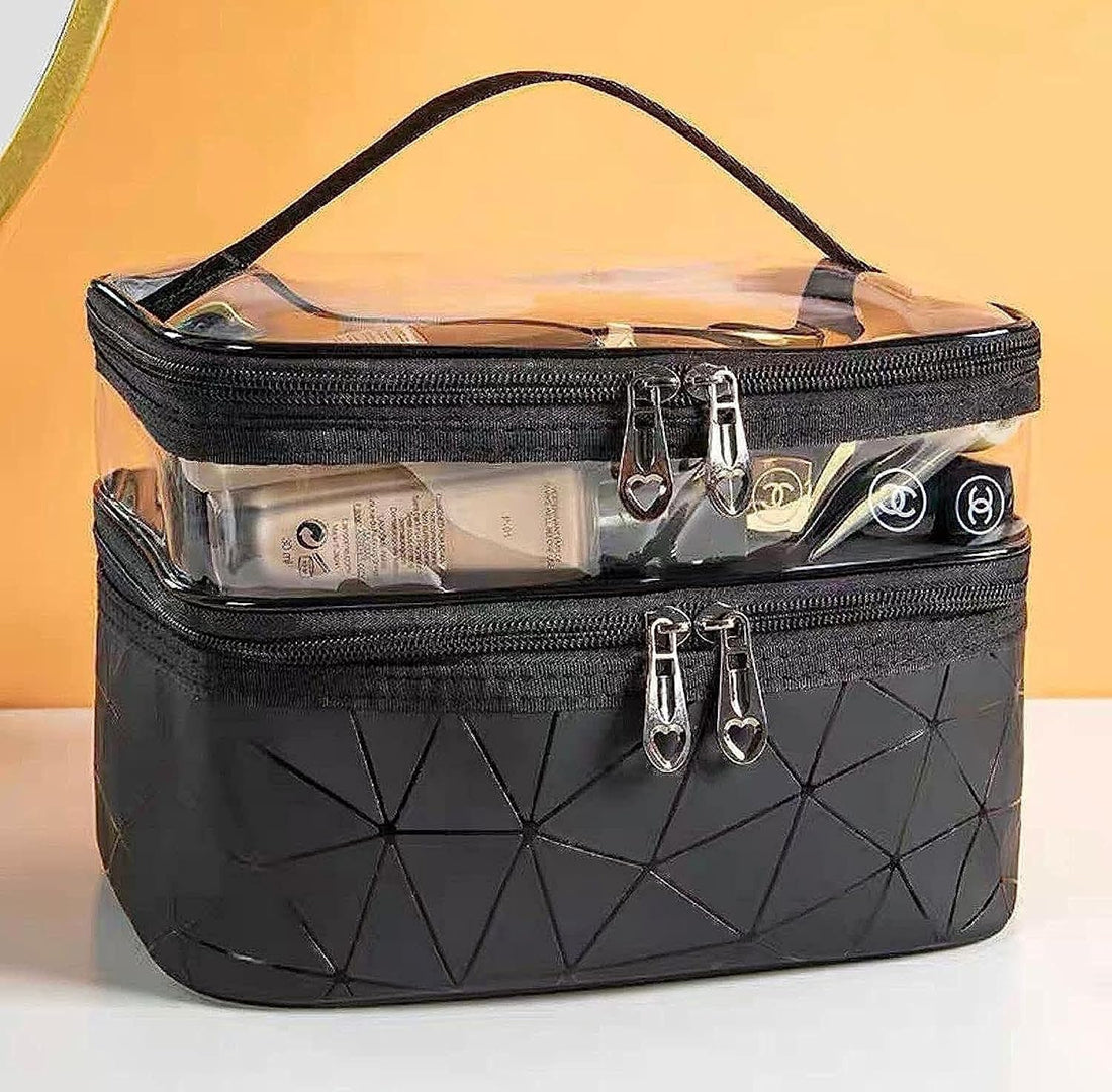 Women's Waterproof Double Layer PU Makeup Organizer Travel Toiletry Storage Box (Black)