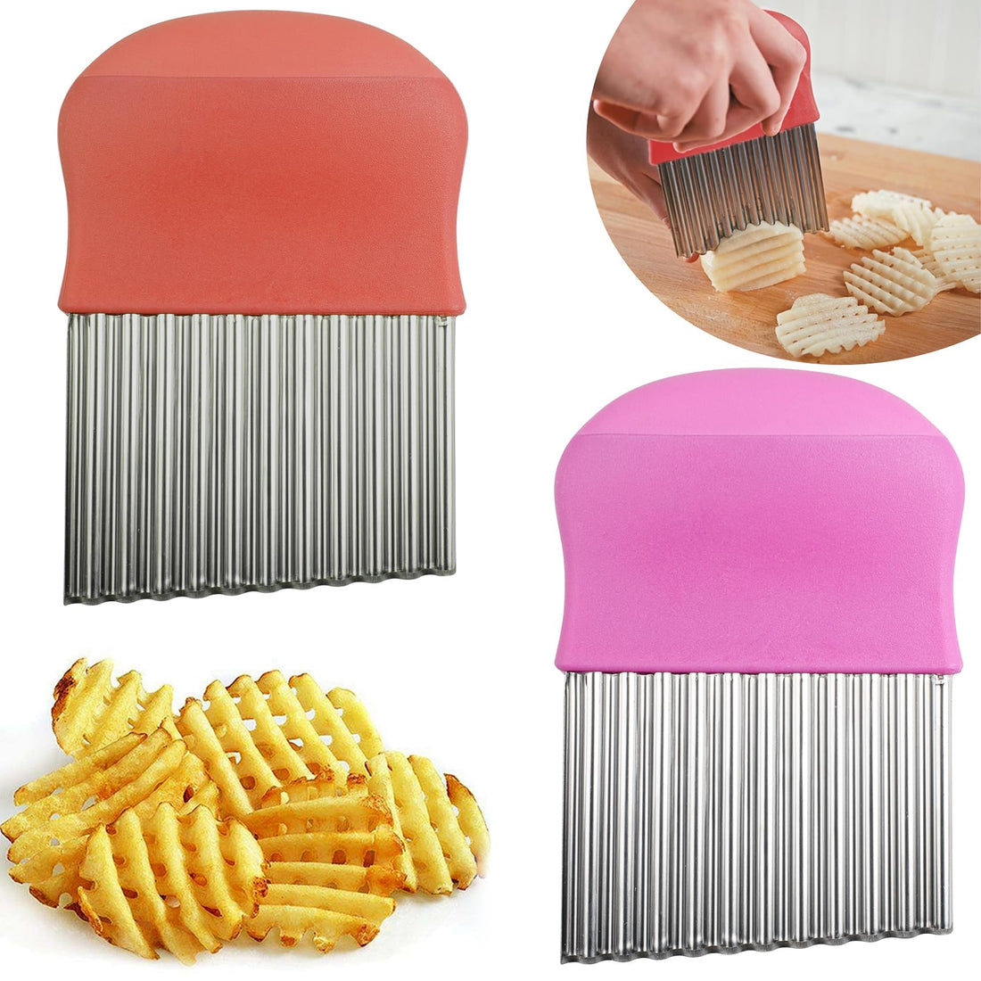 Crinkle Cutter for Veggies, Wavy Potato Cutter for French Fries, Stainless Steel Waffle Fry Wavy Chopper, 2 Pack