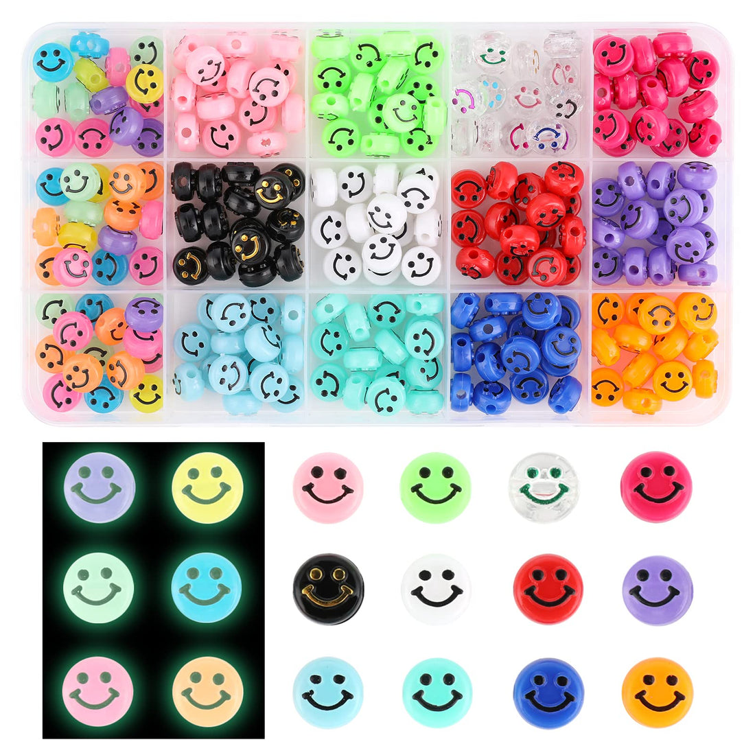 Abeillo 225PCS Acrylic Smiley Face Beads, 15 Colors Smile Beads Bracelets Making Beads for Jewelry Bracelet Earring Necklace Craft Pendant Making with 45Pcs Glowing Smile Preppy Beads