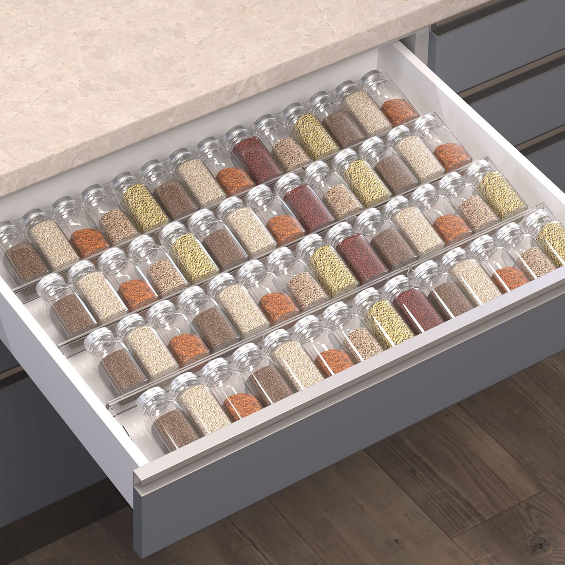 Jadehom Spice Drawer Organizer, 6 Pcs Clear Acrylic In Drawer Seasoning Jars Rack, Expandable From 8" to 16" Kitchen Cabinets/Countertop Drawer Spice Rack Tray (Fit Small Drawer)