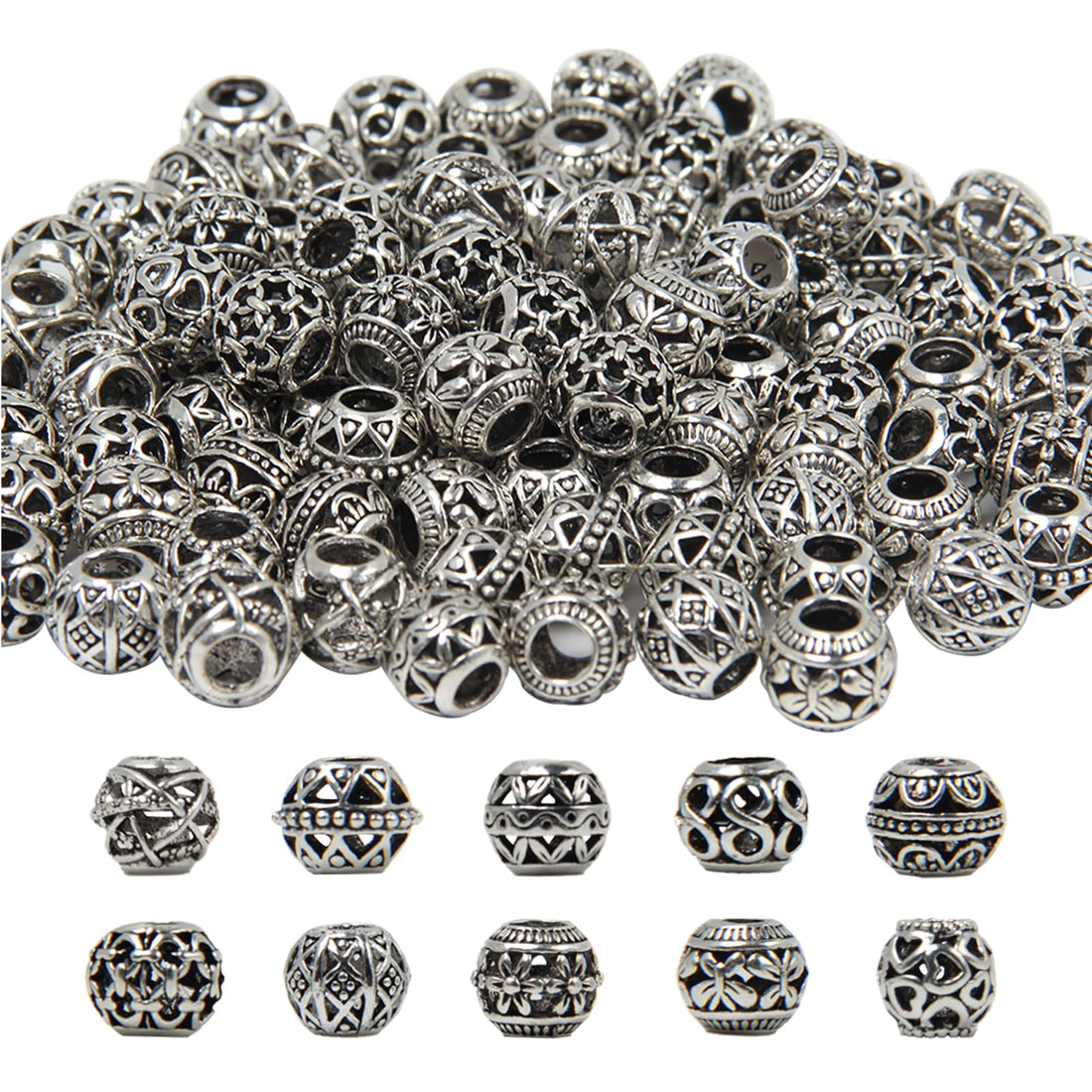UTMACH 100 Pieces Tibetan Silver Beads Alloy Spacer Pendants Tibetan DIY Beads Accessories for Jewelry Making, Bracelets, Necklaces, Earrings(10 Styles)