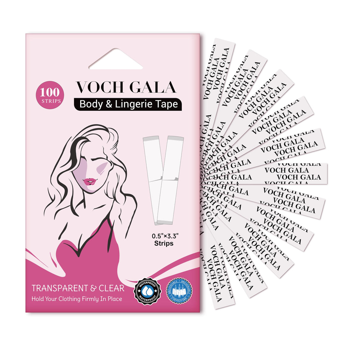 VOCH GALA 100 Strips Double Sided Tape for Fashion and Clothes, Waterproof Fashion Clothing Tape, Fabric Tape to Skin, Strong Adhesive Body Tape, Clear Transparent for All Skin Shades