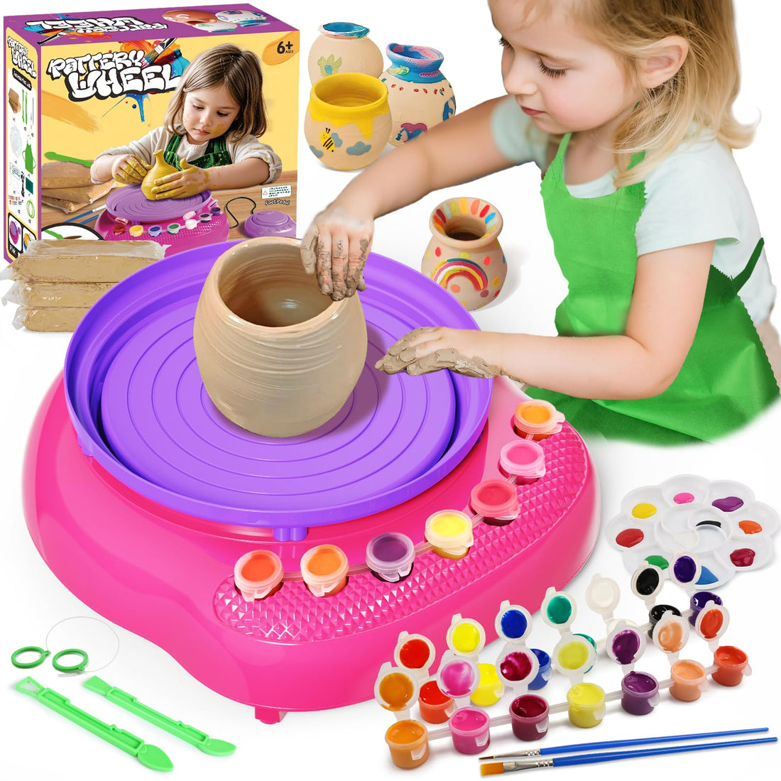 Vinkp Pottery Wheel for Kids - Complete Pottery Painting Kit Arts and Crafts for Kids Ages 8-12 with Air Clay Art Supplies for Girls Boys Toys Birthday Christmas Gifts for 6 7 8 9 10 11 12 - Pink