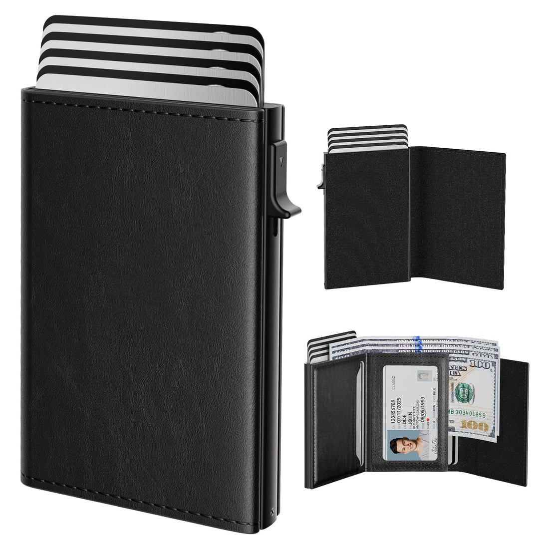 KASTWAVE Men’s Wallet Card Holder - Slim Pop-Up Card Case with RFID Blocking, Top Grain Leather, ID Window, Cash Slot - Minimalist Front Pocket Wallet for 9-14 Cards (Black)